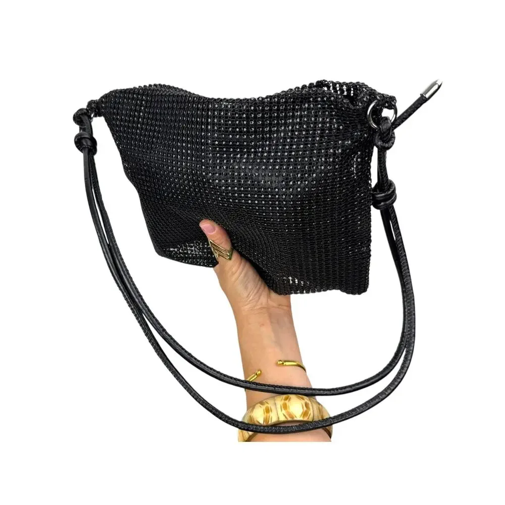 Vintage black mesh sequins disco bag with adjustable leather strap